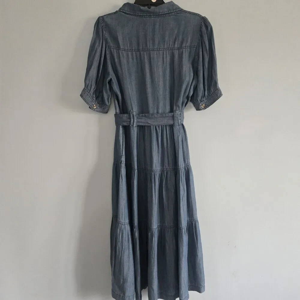 NWT Cato Midi Dress with Belt & Pockets Size M Tiered Skirt chambray-denim-look - Picture 8 of 10